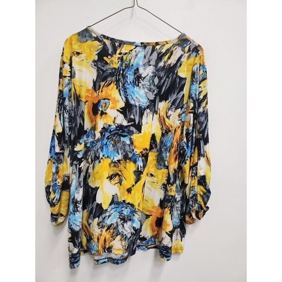 Peter Nygaro Womens Tunic Top 1X Blue Yellow Floral Stretch 3/4 Ruched Sleeve - Picture 6 of 7